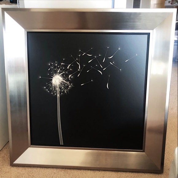 Large 25x25” Square Black and White Photograph Dandelion Flower in Silver Frame - Picture 1 of 1